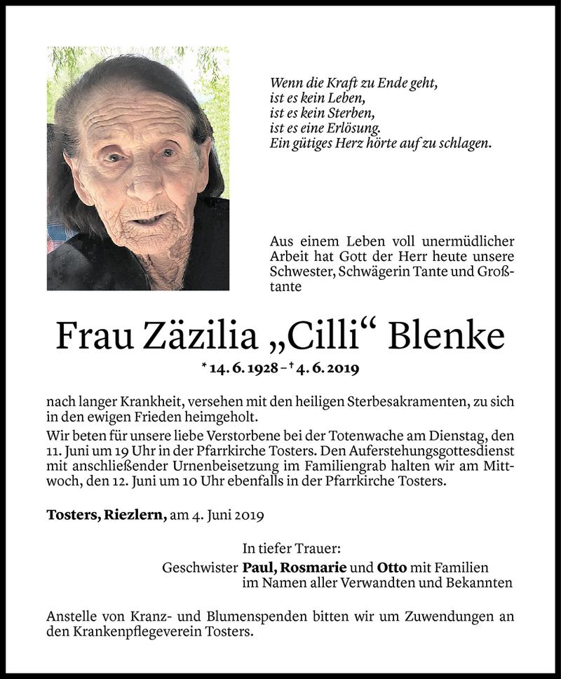  Todesanzeige für Zäzilia Blenke vom 07.06.2019 aus Vorarlberger Nachrichten