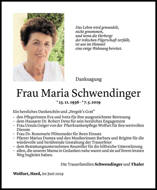 Todesanzeige von Maria Schwendinger von Vorarlberger Nachrichten