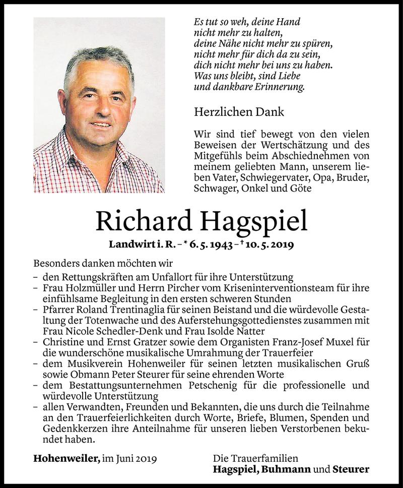  Todesanzeige für Richard Hagspiel vom 07.06.2019 aus Vorarlberger Nachrichten