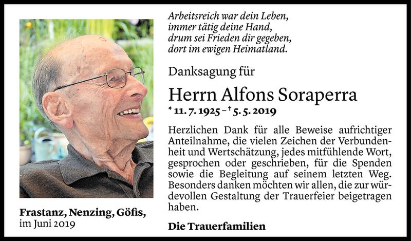  Todesanzeige für Alfons Soraperra vom 07.06.2019 aus Vorarlberger Nachrichten
