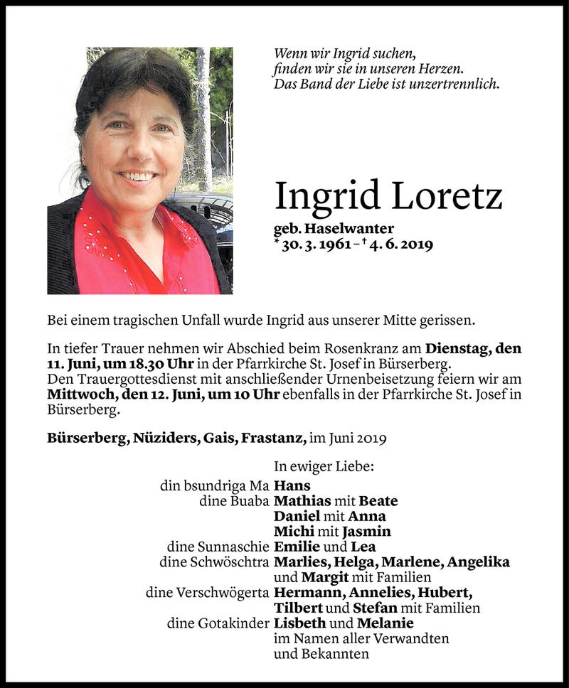  Todesanzeige für Ingrid Loretz vom 08.06.2019 aus Vorarlberger Nachrichten
