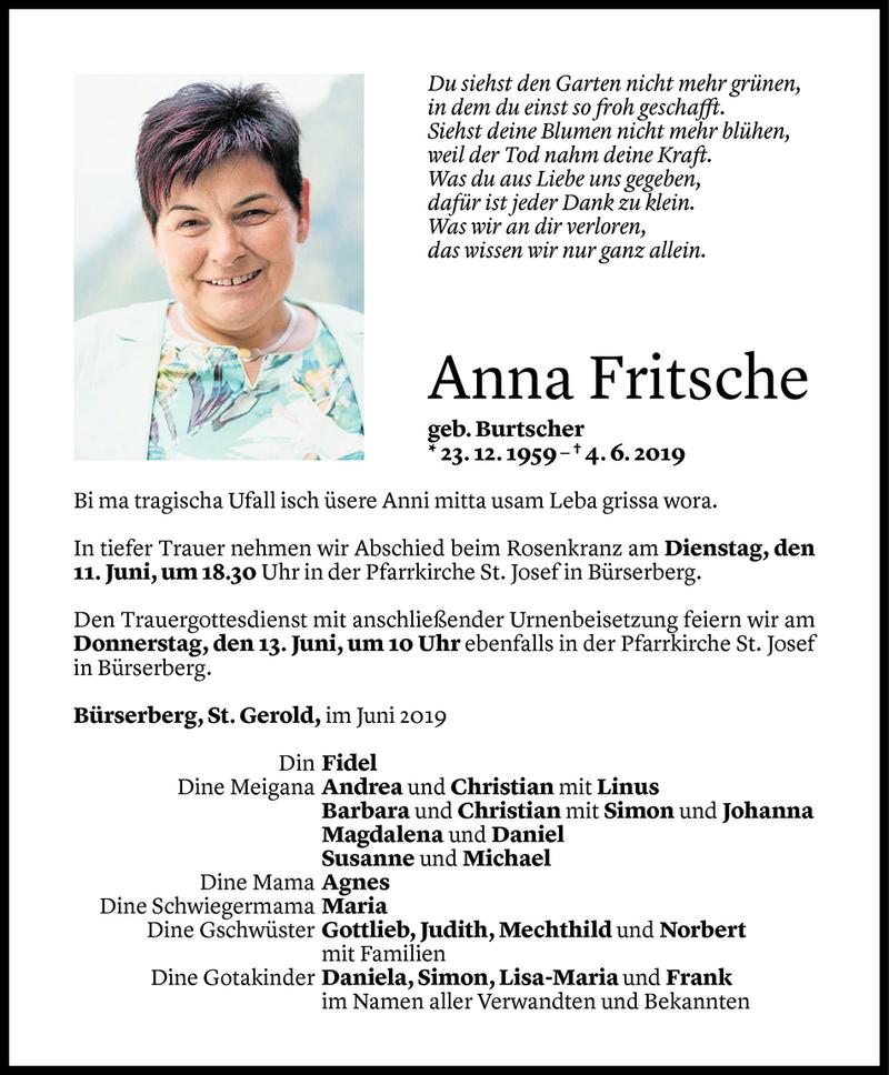  Todesanzeige für Anna Fritsche vom 08.06.2019 aus Vorarlberger Nachrichten