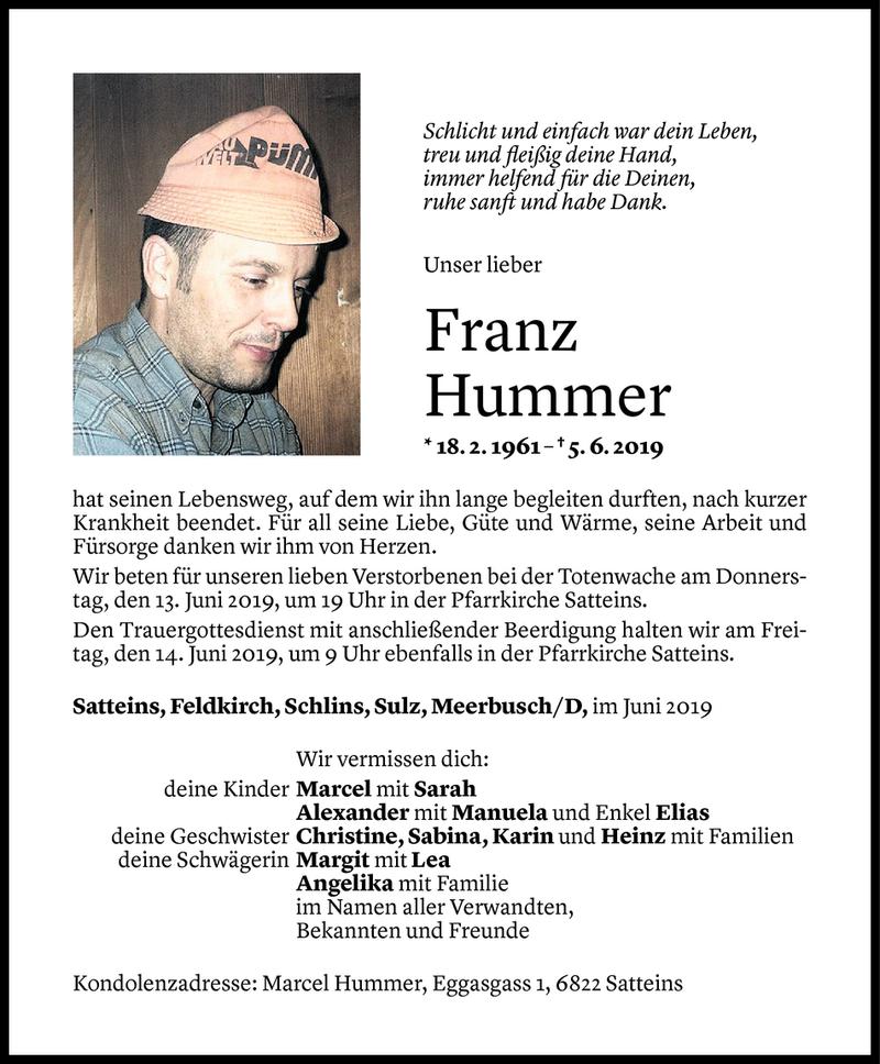  Todesanzeige für Franz Hummer vom 10.06.2019 aus Vorarlberger Nachrichten