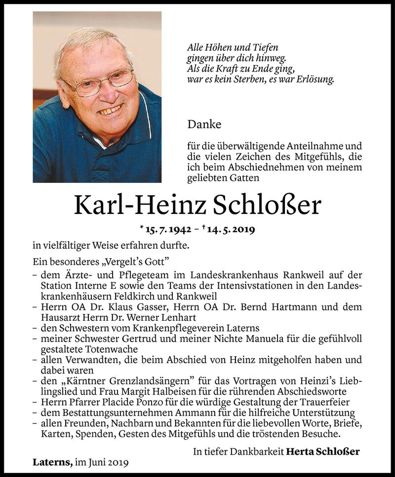  Todesanzeige für Karl-Heinz Schloßer vom 12.06.2019 aus Vorarlberger Nachrichten