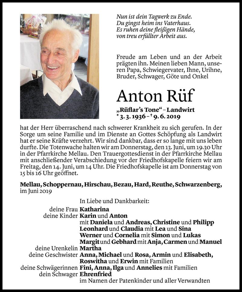  Todesanzeige für Anton Rüf vom 11.06.2019 aus Vorarlberger Nachrichten