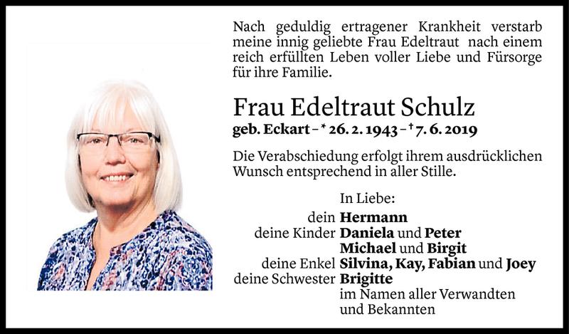  Todesanzeige für Edeltraut Schulz vom 12.06.2019 aus Vorarlberger Nachrichten