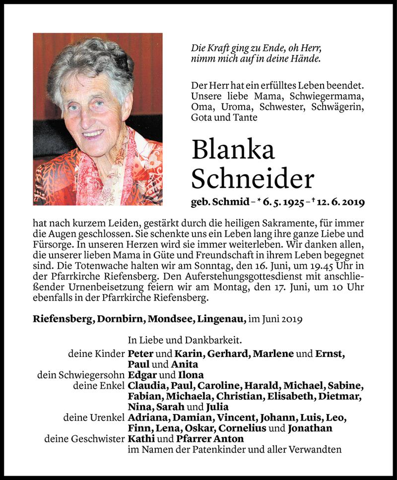  Todesanzeige für Blanka Schneider vom 15.06.2019 aus Vorarlberger Nachrichten