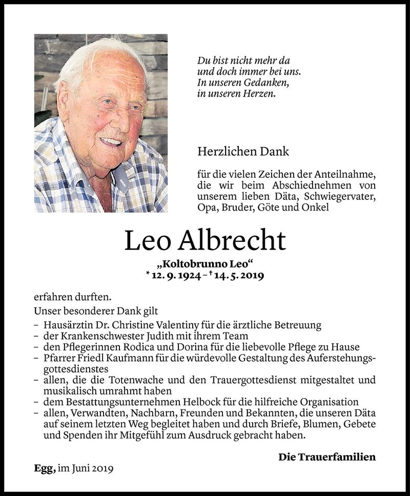 Todesanzeige für Leo Albrecht vom 14.06.2019 aus Vorarlberger Nachrichten
