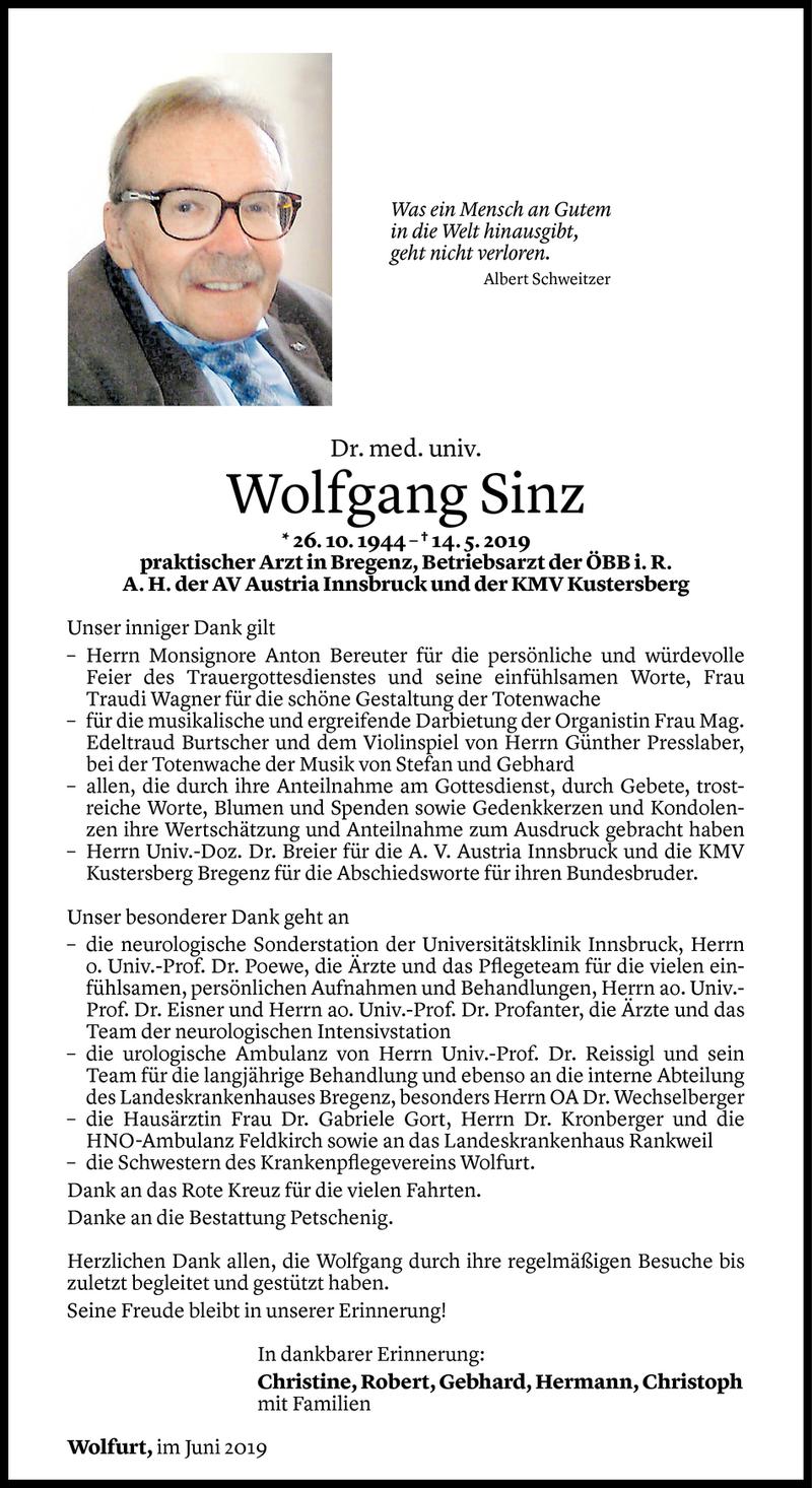  Todesanzeige für Wolfgang Sinz vom 14.06.2019 aus Vorarlberger Nachrichten