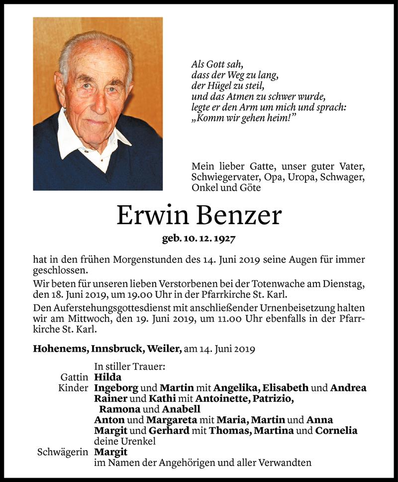  Todesanzeige für Erwin Benzer vom 14.06.2019 aus Vorarlberger Nachrichten