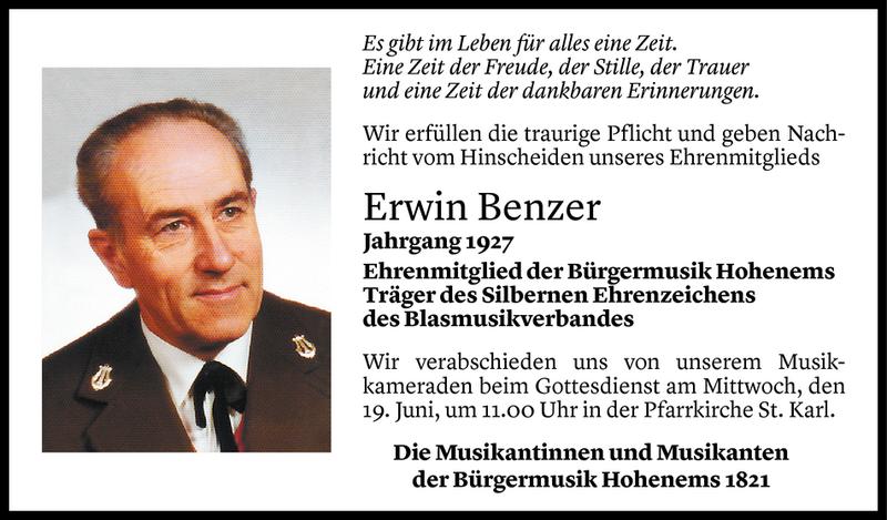  Todesanzeige für Erwin Benzer vom 15.06.2019 aus Vorarlberger Nachrichten