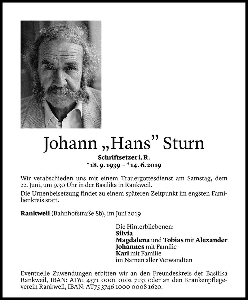  Todesanzeige für Johann Sturn vom 17.06.2019 aus Vorarlberger Nachrichten