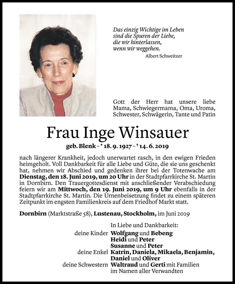  Todesanzeige für Inge Winsauer vom 17.06.2019 aus Vorarlberger Nachrichten