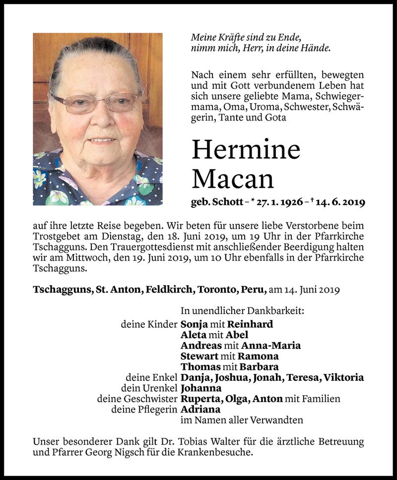  Todesanzeige für Hermine Macan vom 16.06.2019 aus Vorarlberger Nachrichten