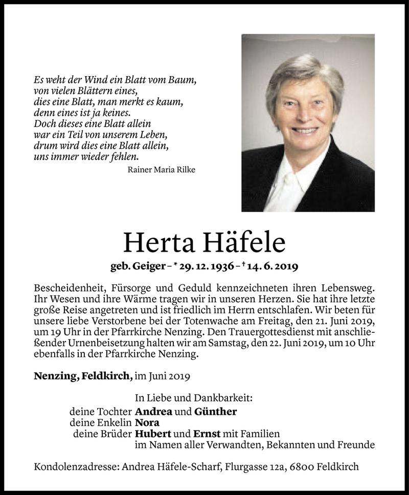  Todesanzeige für Herta Häfele vom 17.06.2019 aus Vorarlberger Nachrichten