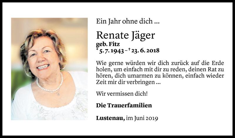  Todesanzeige für Renate Jäger vom 21.06.2019 aus Vorarlberger Nachrichten
