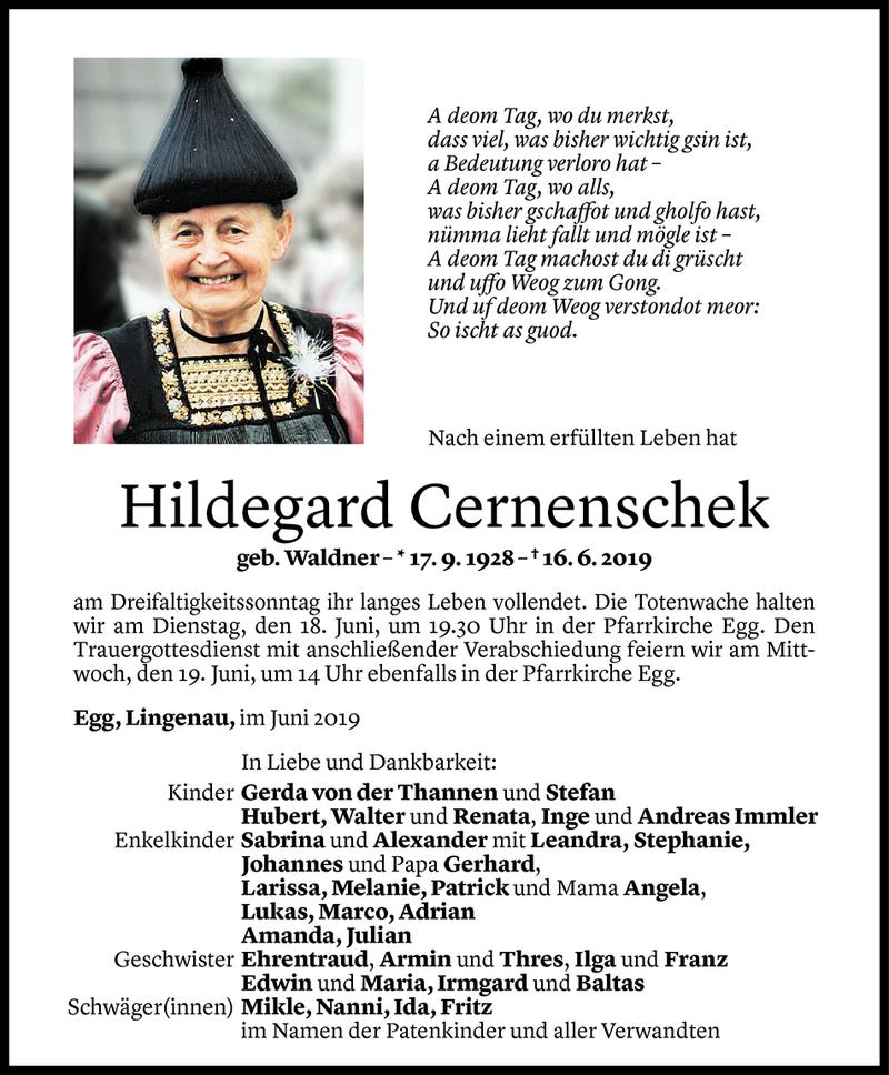 Todesanzeige für Hildegard Cernenschek vom 17.06.2019 aus Vorarlberger Nachrichten