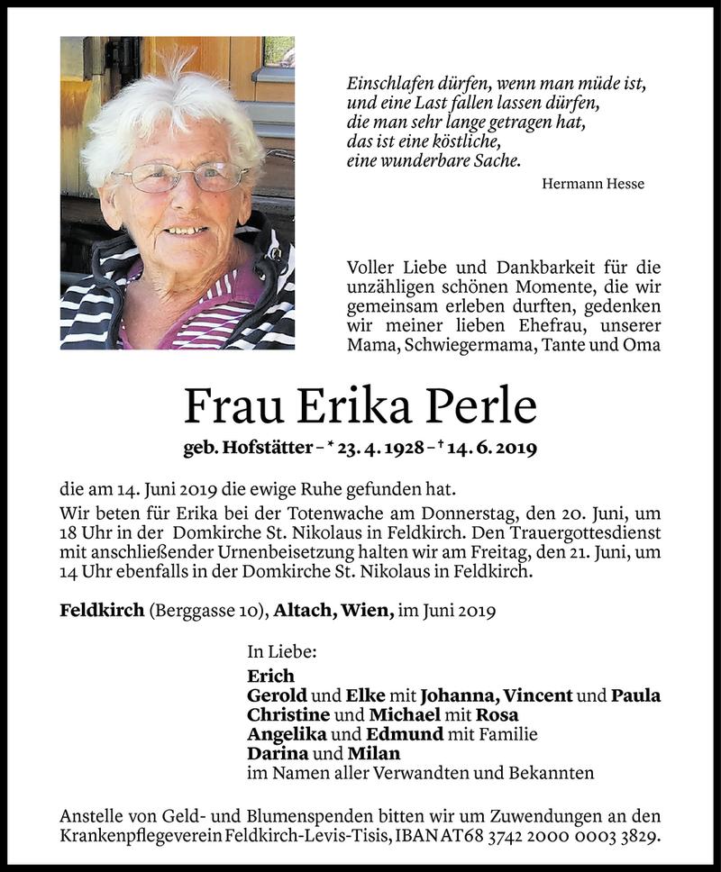 Todesanzeige für Erika Perle vom 17.06.2019 aus Vorarlberger Nachrichten