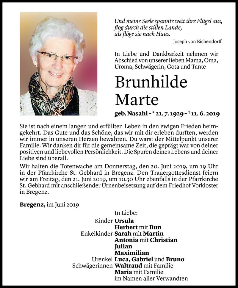  Todesanzeige für Brunhilde Marte vom 17.06.2019 aus Vorarlberger Nachrichten