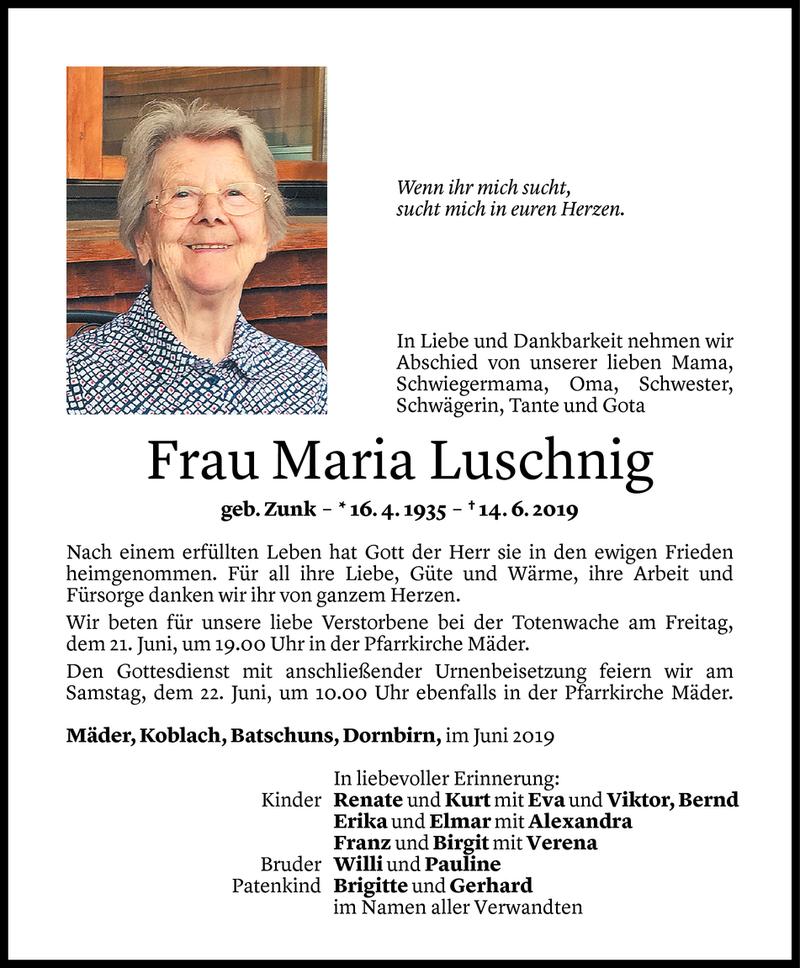  Todesanzeige für Maria Luschnig vom 20.06.2019 aus Vorarlberger Nachrichten