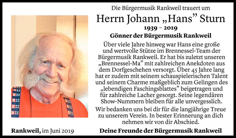  Todesanzeige für Johann Sturn vom 19.06.2019 aus Vorarlberger Nachrichten