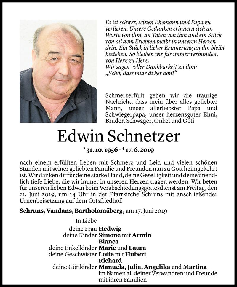  Todesanzeige für Edwin Schnetzer vom 18.06.2019 aus Vorarlberger Nachrichten