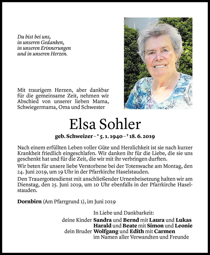  Todesanzeige für Elsa Sohler vom 21.06.2019 aus Vorarlberger Nachrichten