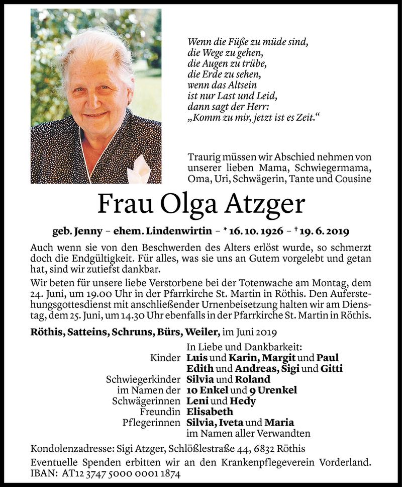  Todesanzeige für Olga Atzger vom 22.06.2019 aus Vorarlberger Nachrichten