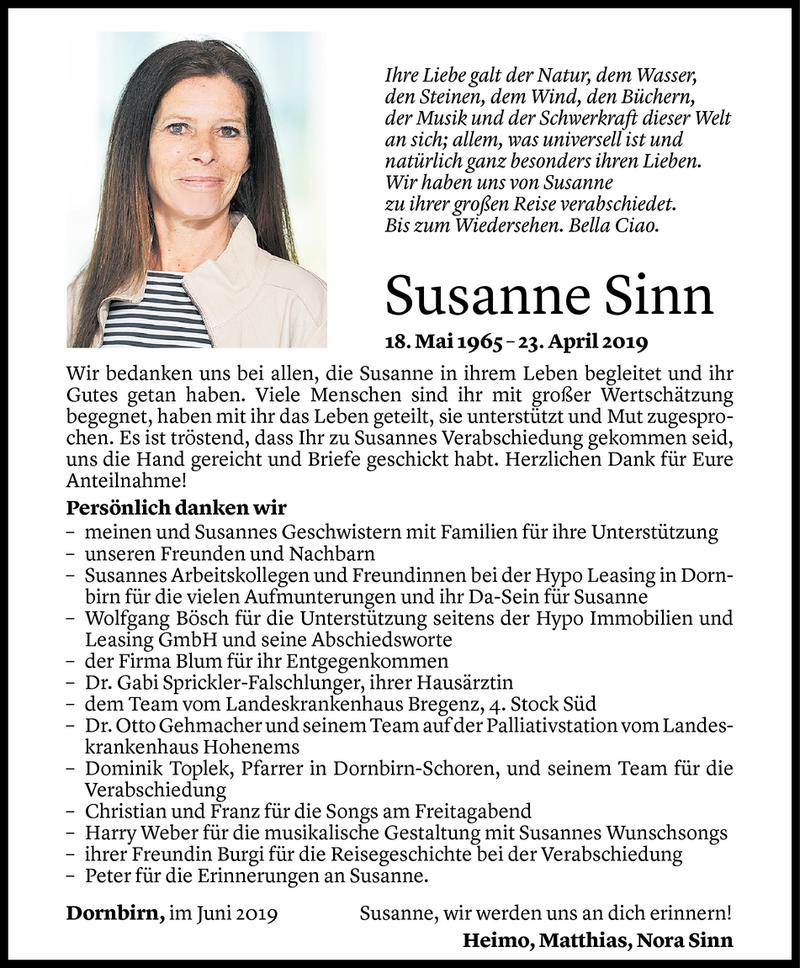  Todesanzeige für Susanne Sinn vom 21.06.2019 aus Vorarlberger Nachrichten