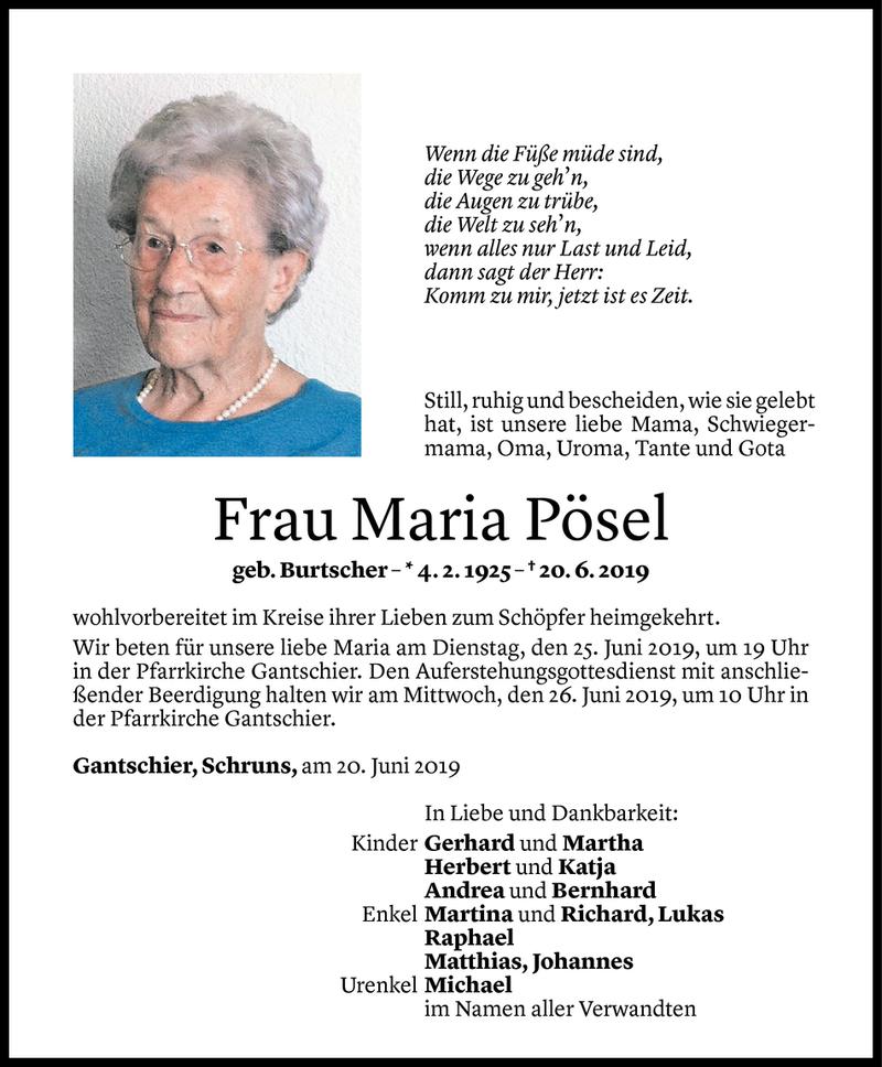  Todesanzeige für Maria Pösel vom 21.06.2019 aus Vorarlberger Nachrichten