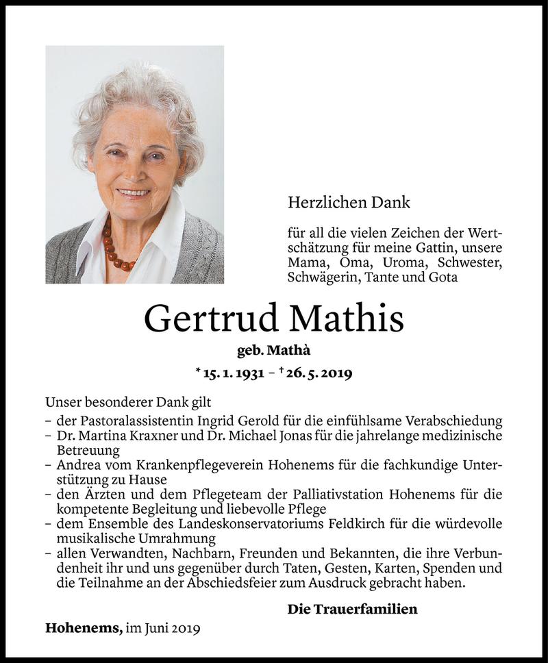  Todesanzeige für Gertrud Mathis vom 24.06.2019 aus Vorarlberger Nachrichten
