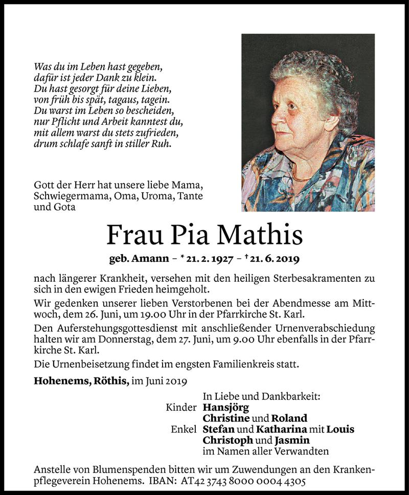  Todesanzeige für Pia Mathis vom 24.06.2019 aus Vorarlberger Nachrichten