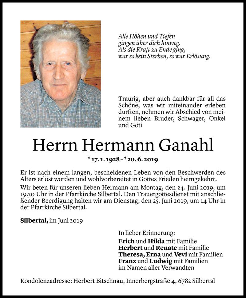  Todesanzeige für Hermann Ganahl vom 23.06.2019 aus Vorarlberger Nachrichten