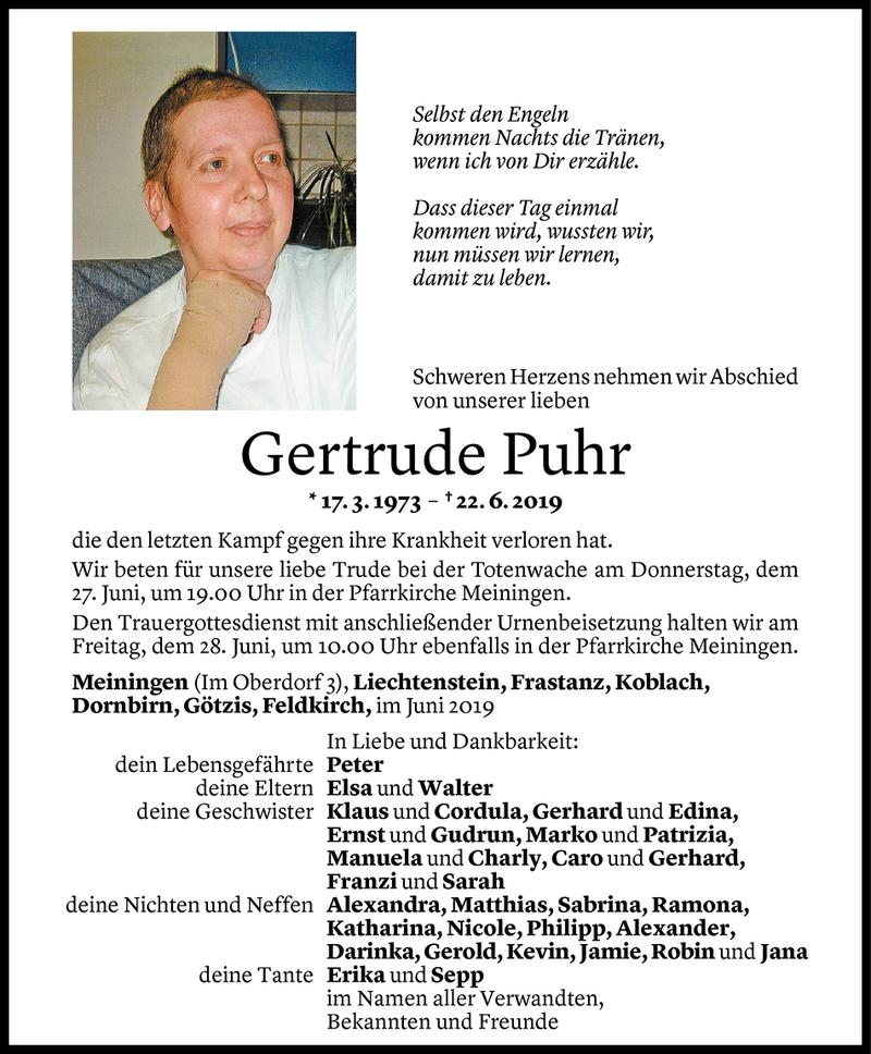  Todesanzeige für Gertrude Puhr vom 25.06.2019 aus Vorarlberger Nachrichten