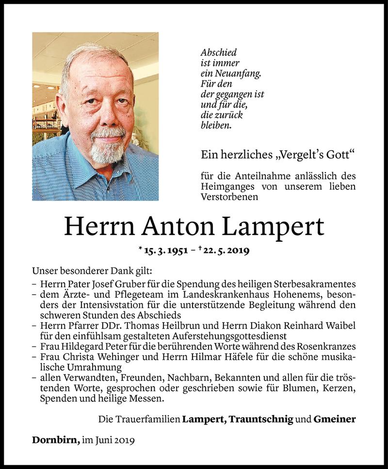  Todesanzeige für Anton Lampert vom 26.06.2019 aus Vorarlberger Nachrichten