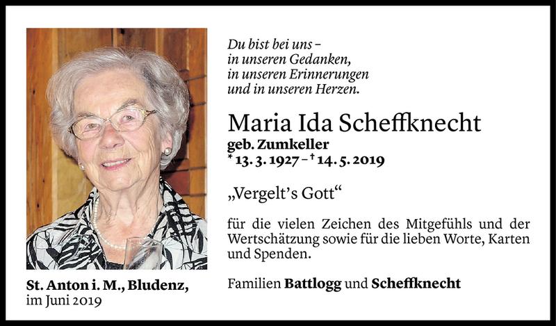  Todesanzeige für Maria Ida Scheffknecht vom 28.06.2019 aus Vorarlberger Nachrichten