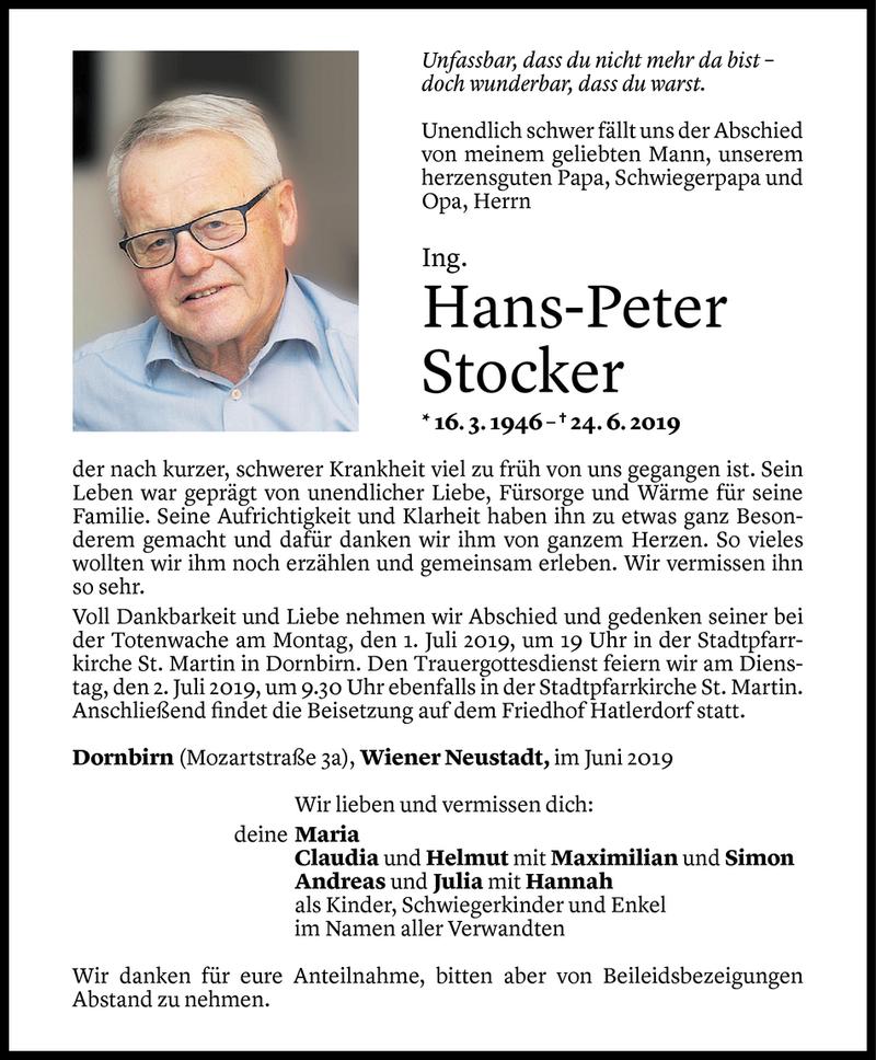  Todesanzeige für Hans-Peter Stocker vom 28.06.2019 aus Vorarlberger Nachrichten