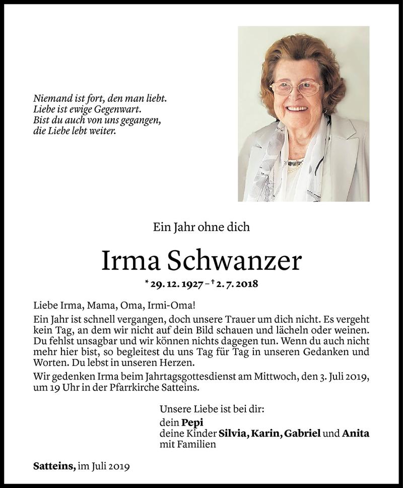  Todesanzeige für Irma Schwanzer vom 01.07.2019 aus Vorarlberger Nachrichten