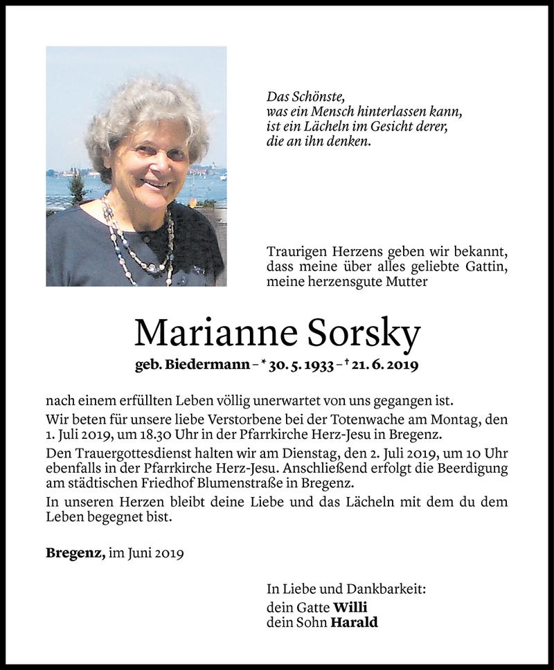  Todesanzeige für Marianne Sorsky vom 27.06.2019 aus Vorarlberger Nachrichten
