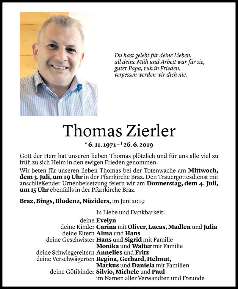  Todesanzeige für Thomas Zierler vom 29.06.2019 aus Vorarlberger Nachrichten
