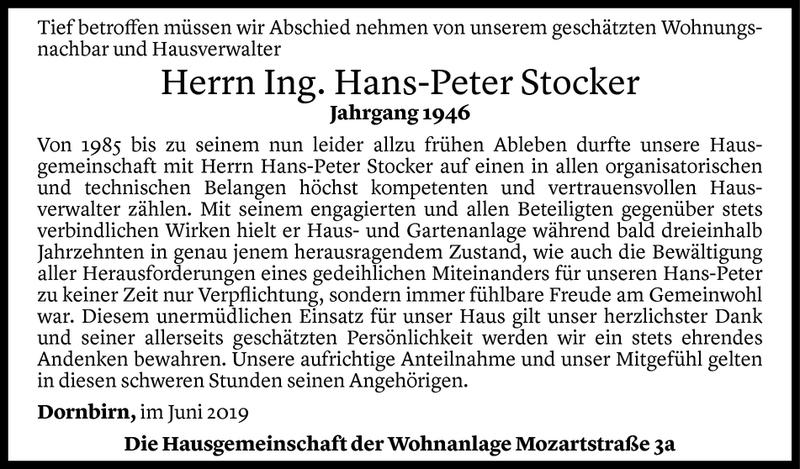  Todesanzeige für Hans-Peter Stocker vom 28.06.2019 aus Vorarlberger Nachrichten