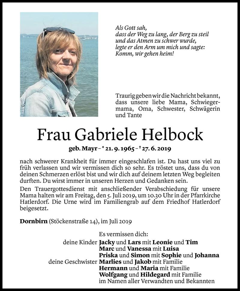  Todesanzeige für Gabriele Helbock vom 02.07.2019 aus Vorarlberger Nachrichten