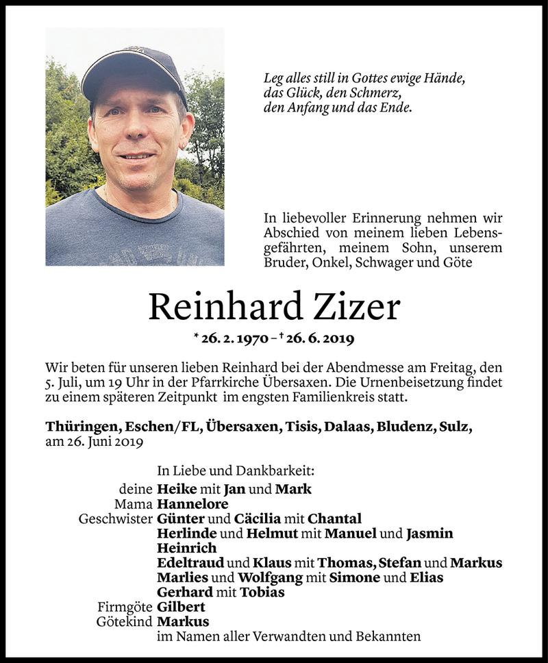  Todesanzeige für Reinhard Zizer vom 02.07.2019 aus Vorarlberger Nachrichten