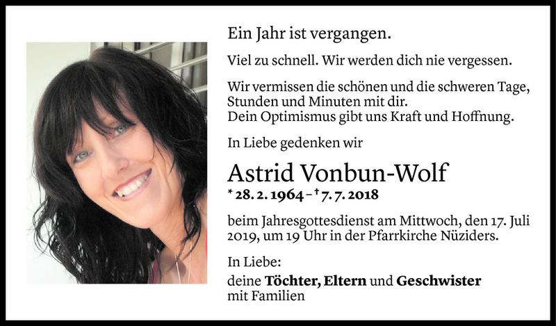  Todesanzeige für Astrid Vonbun-Wolf vom 05.07.2019 aus Vorarlberger Nachrichten