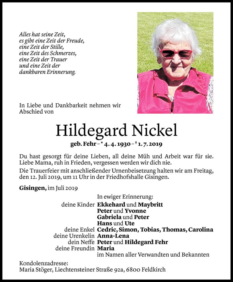  Todesanzeige für Hildegard Nickel vom 09.07.2019 aus Vorarlberger Nachrichten