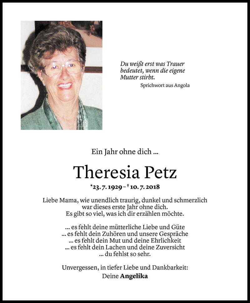  Todesanzeige für Theresia Petz vom 10.07.2019 aus Vorarlberger Nachrichten