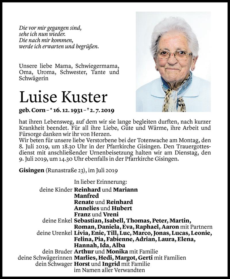  Todesanzeige für Luise Kuster vom 04.07.2019 aus Vorarlberger Nachrichten