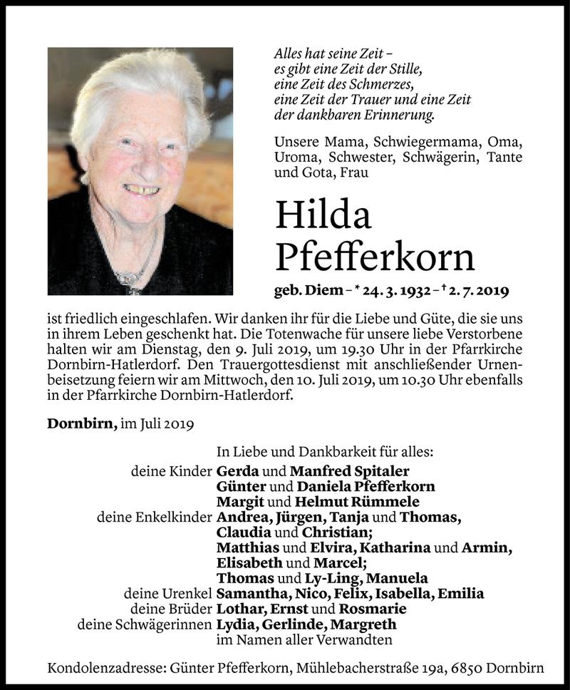  Todesanzeige für Hilda Pfefferkorn vom 05.07.2019 aus Vorarlberger Nachrichten