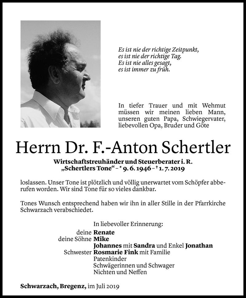  Todesanzeige für Franz-Anton Schertler vom 07.07.2019 aus Vorarlberger Nachrichten