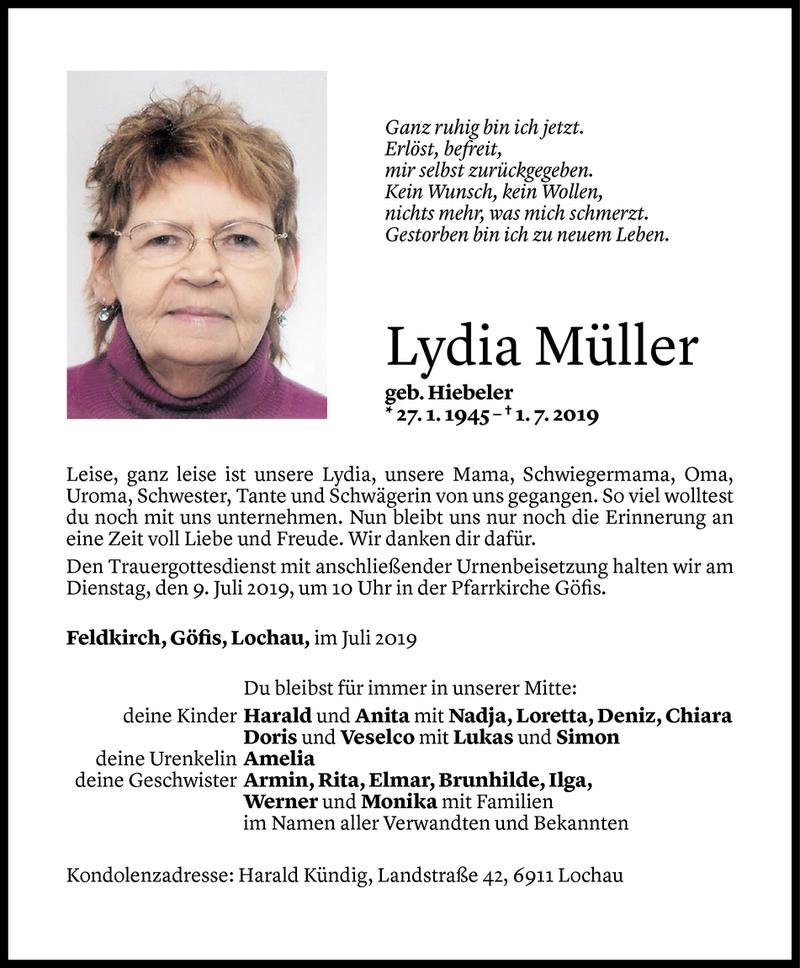  Todesanzeige für Lydia Müller vom 05.07.2019 aus Vorarlberger Nachrichten